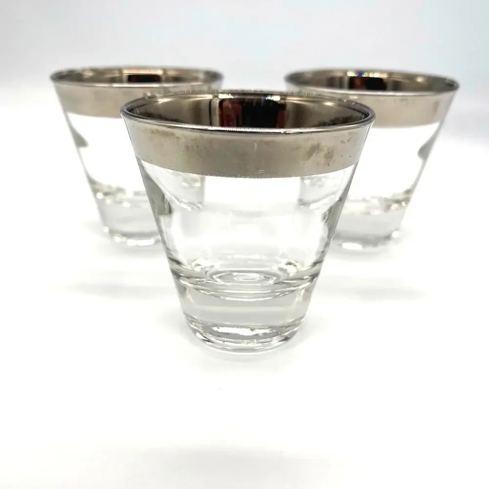 Vintage MCM Dorothy Thorpe Set of 3 Silver Rimmed Barware Shot Glasses 2.75